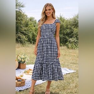 Blueberi Blvd XL Navy White Gingham Embroidered Midi Dress Puff Sleeve Smocked